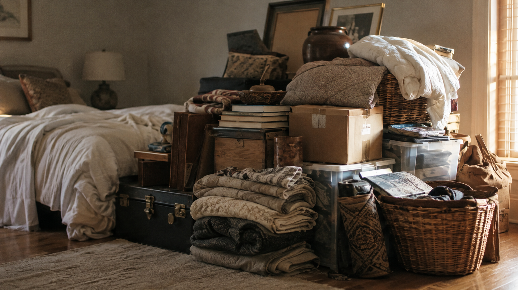 A pile of blankets, boxes, trunks and baskets stacked in the corner of a warm bedroom, lit by a window.