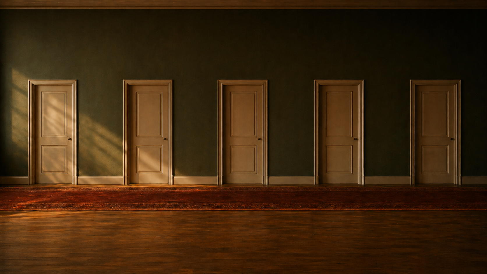 An image of a long hallways with multiple doors that are all closed. From Pacing the Hallway With No Open Doors by Stella's Daughter